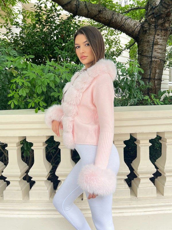 Pink Premium Faux Fur Trimmed Cardigan - H&L
