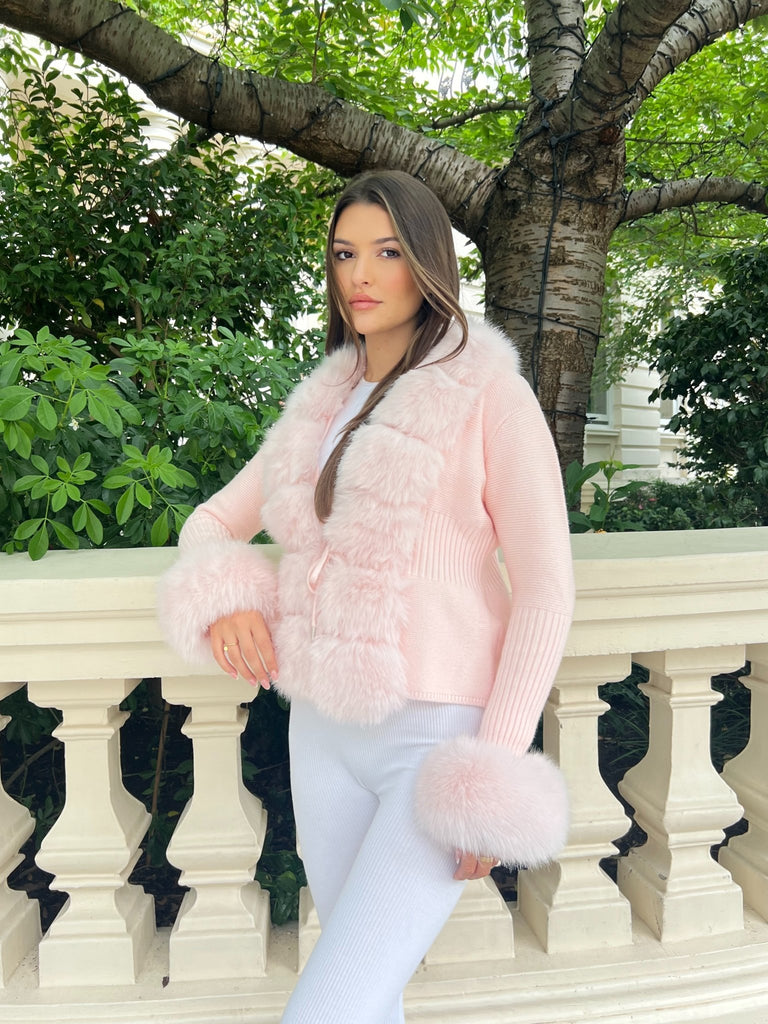 Pink Premium Faux Fur Trimmed Cardigan - H&L