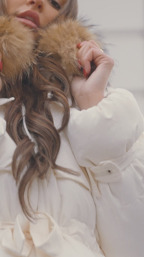 Tan Drawstring Luxury Fur Padded Belted Coat