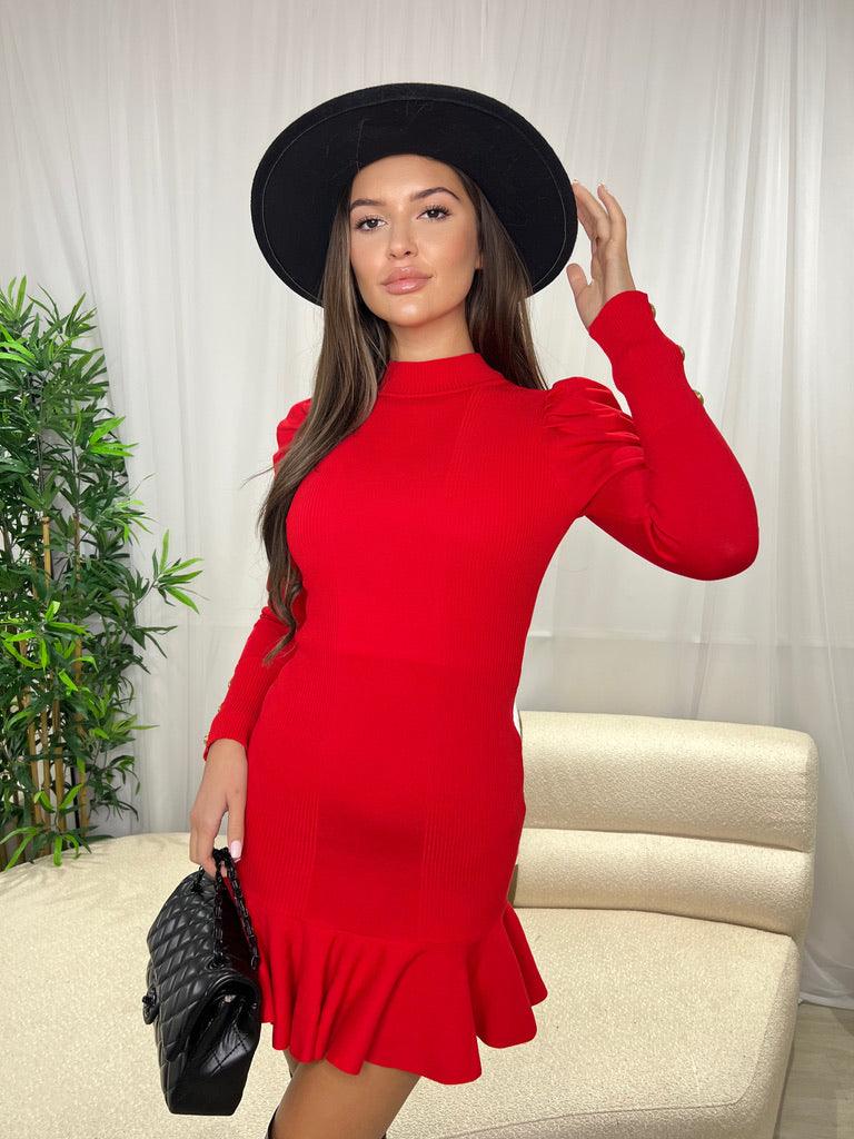 Red Knit Frill Dress - H&L