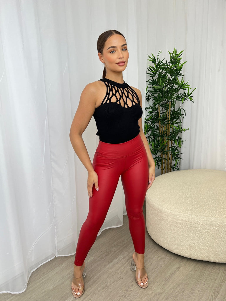 Red Leather Wet Look High Waist Leggings - H&L