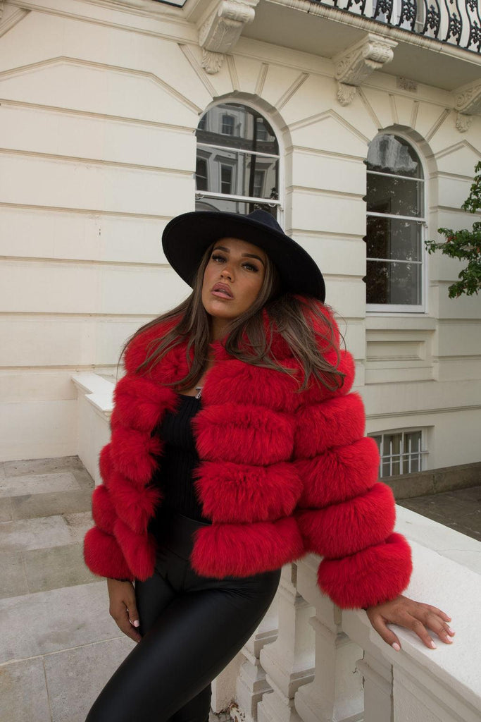 Red Luxury Fur 5 Row Cropped Sleeve Jacket - H&L