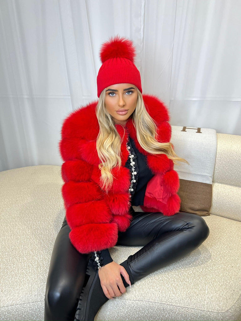 Red Luxury Fur Bobble Hat - H&L