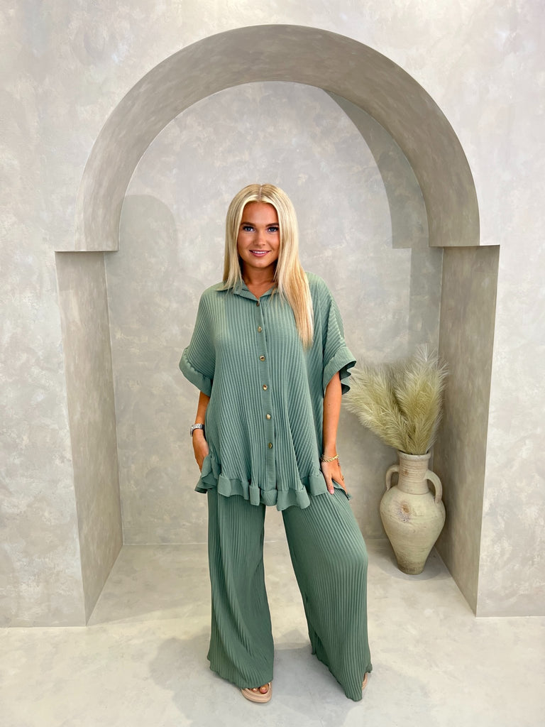 Ribbed Effect Wide Leg Trouser Set - H&L