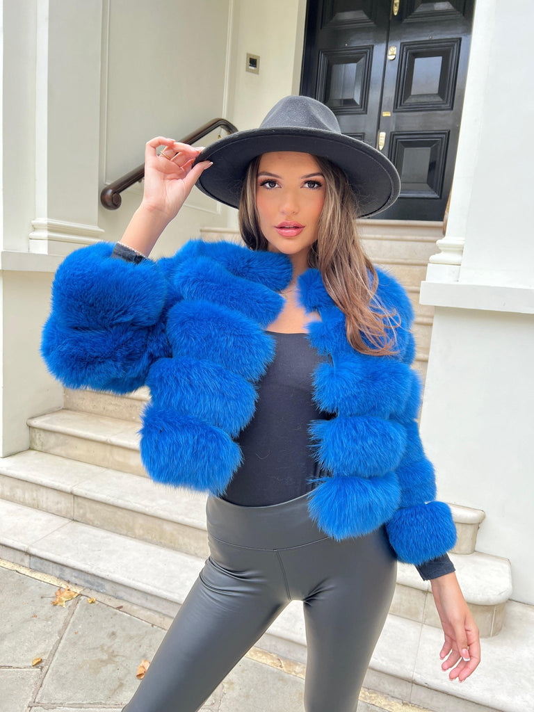 Royal Blue Luxury Fur 5 Row Cropped Sleeve Jacket - H&L