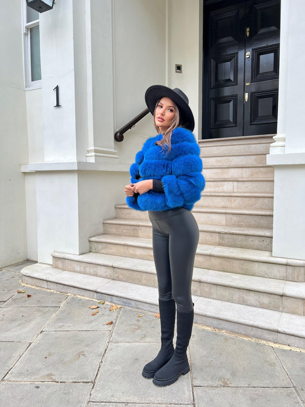 Royal Blue Luxury Fur 5 Row Cropped Sleeve Jacket - H&L