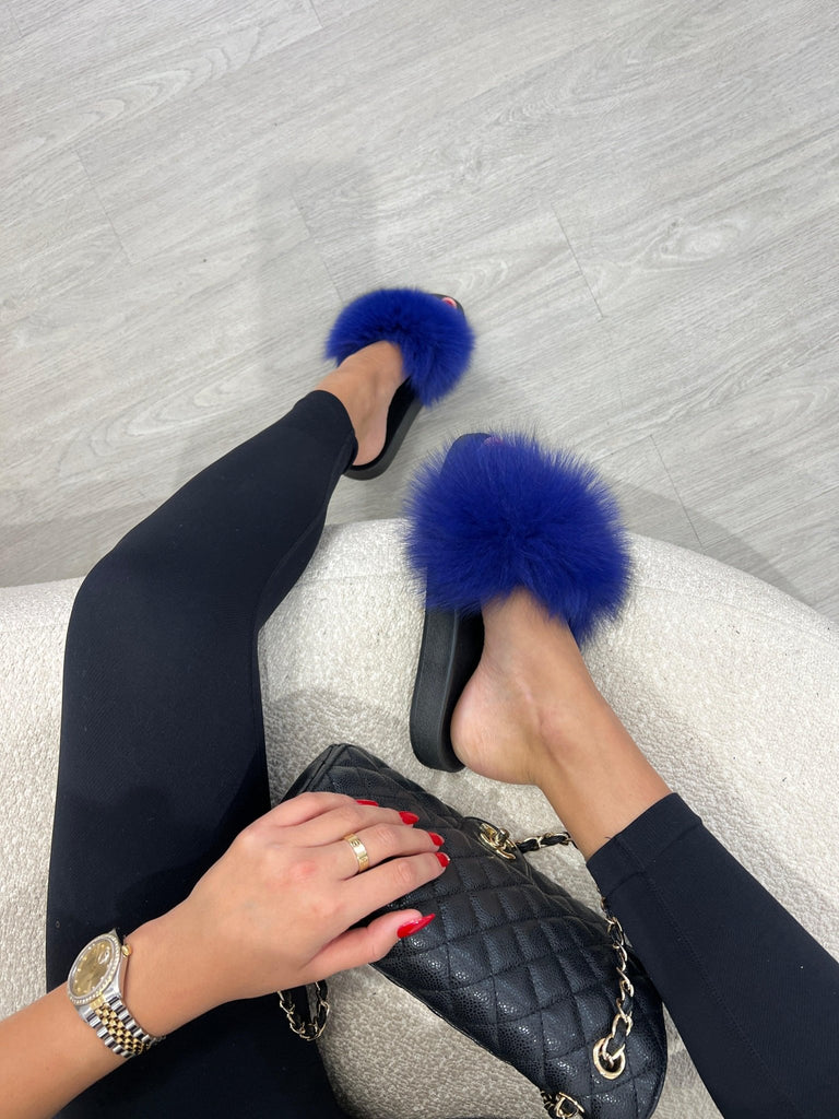 Royal Blue Luxury Fur Sliders - H&L