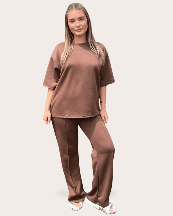 Short Sleeve Top With Piped Wide Leg Trouser in Black / S/M - HL London