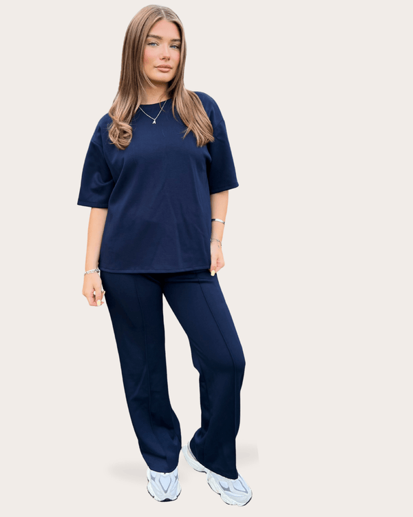 Short Sleeve Top With Piped Wide Leg Trouser in Black / S/M - HL London