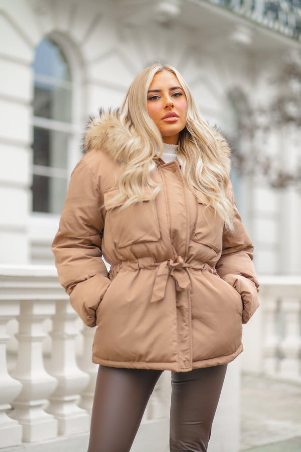 Tan Drawstring Luxury Fur Padded Belted Coat - H&L