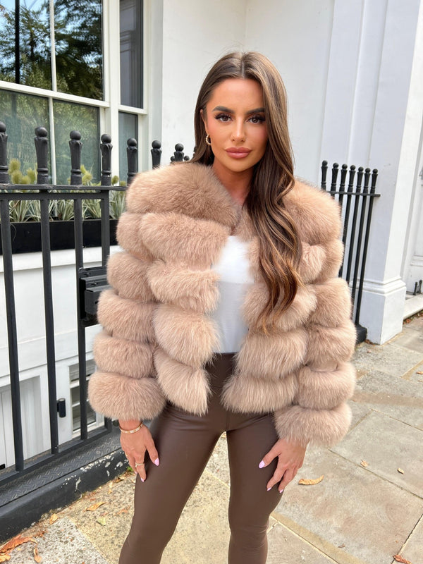 Tan Luxury Fur 5 Row Cropped Sleeve Jacket - H&L