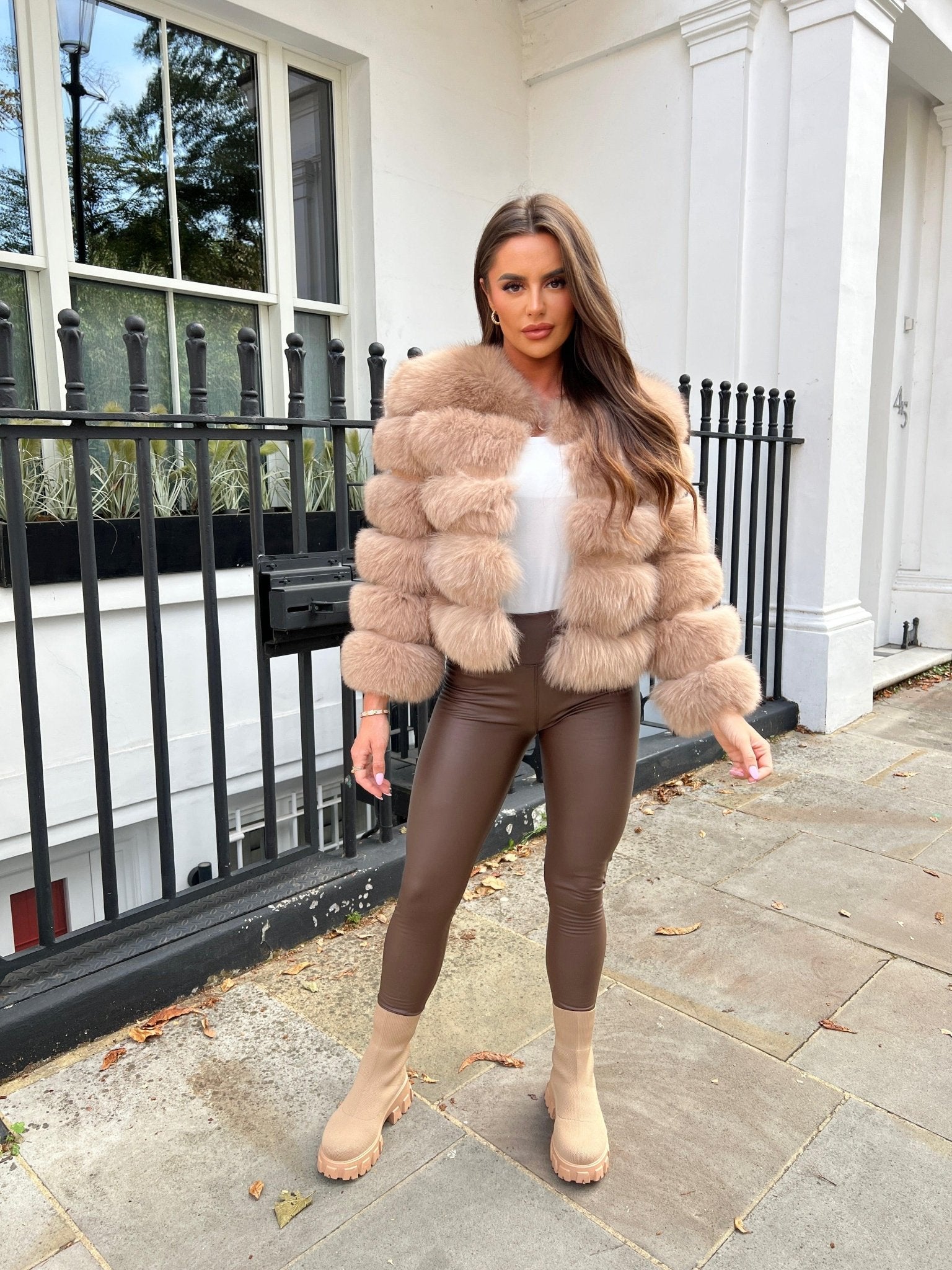 Tan Luxury Fur 5 Row Cropped Sleeve Jacket - H&L – H&L