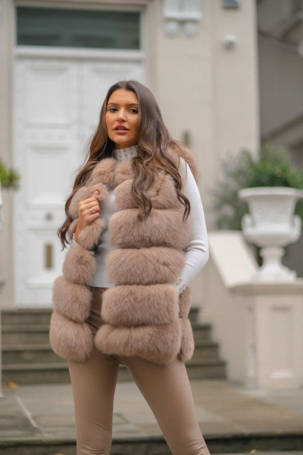 Tan Luxury Fur 6 Row Gilet - H&L