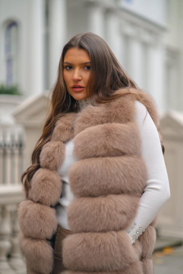 Tan Luxury Fur 6 Row Gilet - H&L