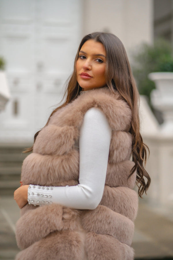 Tan Luxury Fur 6 Row Gilet - H&L