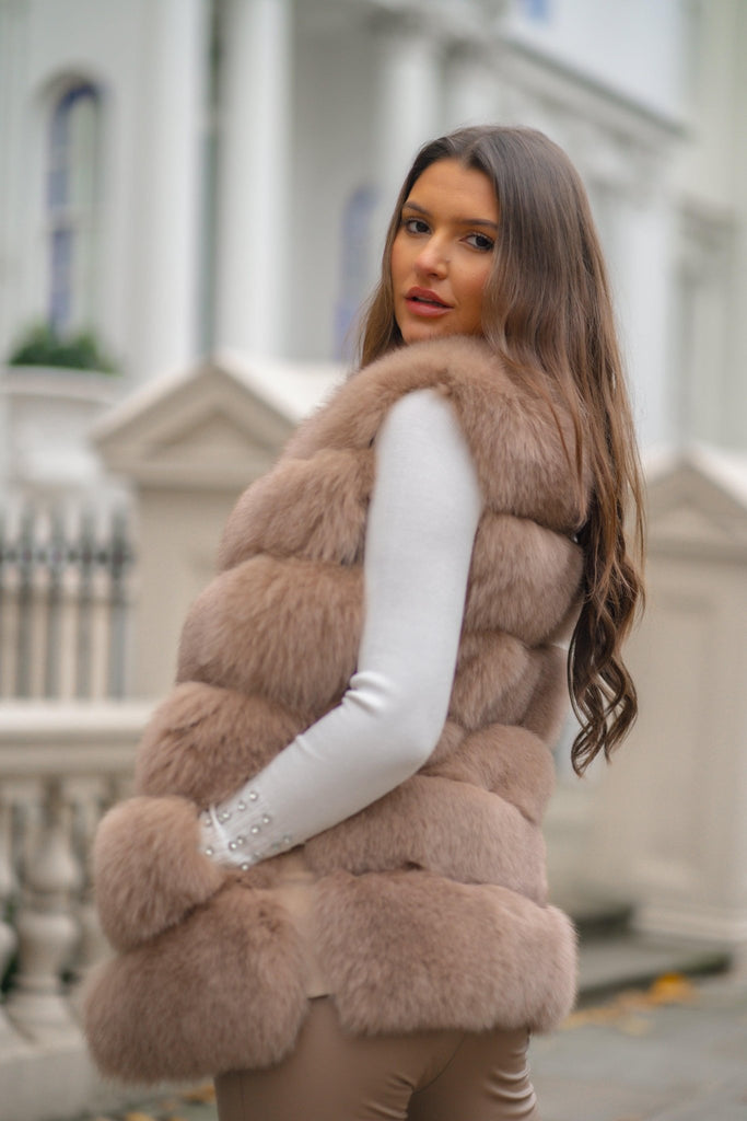 Tan Luxury Fur 6 Row Gilet - H&L
