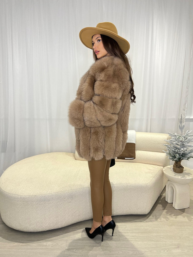 Tan Luxury Fur Mid Length Coat - H&L