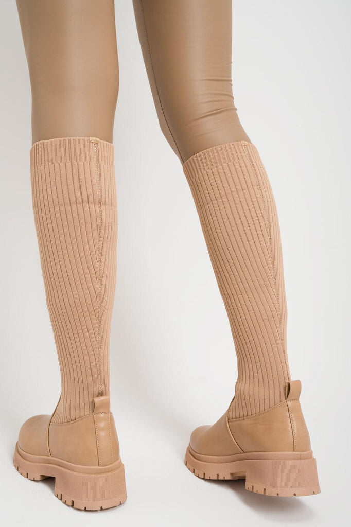 Taupe Knee High Chunky Sock Boots - H&L