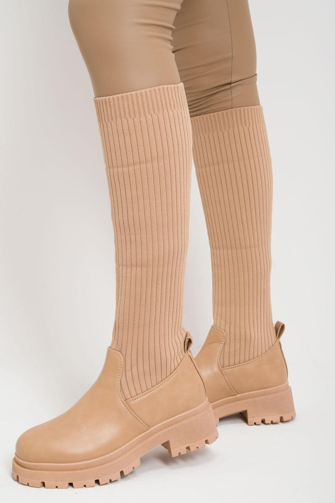 Taupe Knee High Chunky Sock Boots - H&L