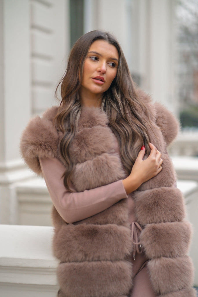 Taupe Premium Faux Fur Longline Gilet - H&L