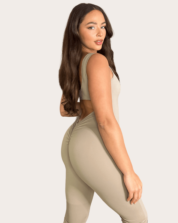 Taupe Sleeveless Cut Out Back Unitard - H&L