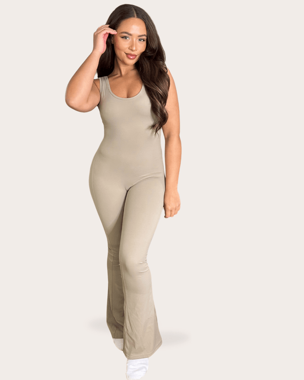 Taupe Sleeveless Cut Out Back Unitard - H&L
