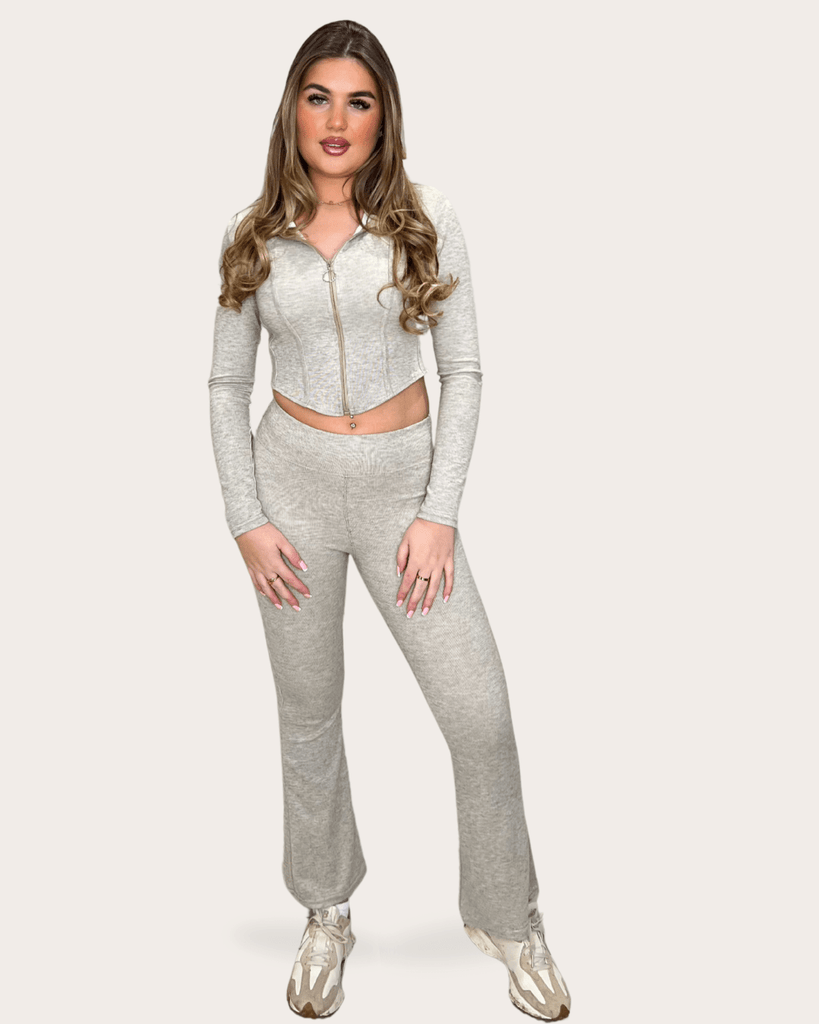 Taupe Zipped Hooded Jacket And Wide Leg Trouser Set - H&L