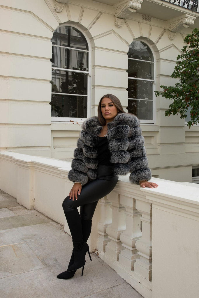 Two Tone Grey Luxury Fur 5 Row Cropped Sleeve Jacket - H&L