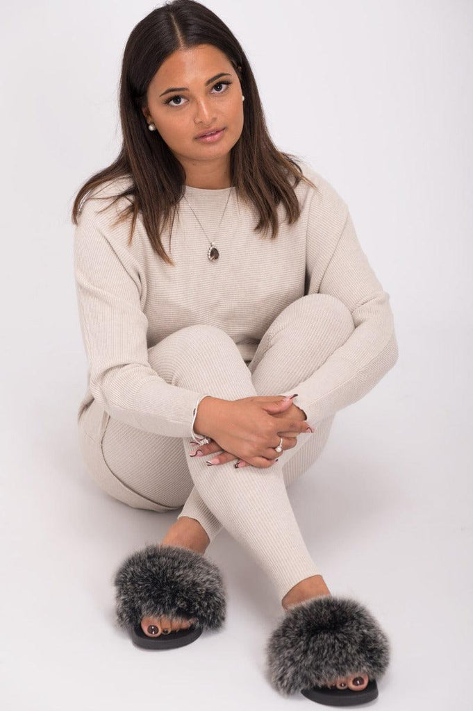Two Tone Grey Luxury Fur Sliders - H&L