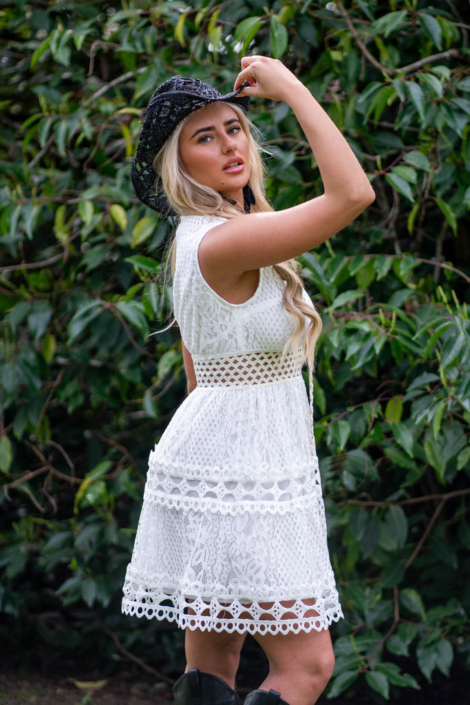 White Boho Sleeveless Lace Effect Dress - H&L