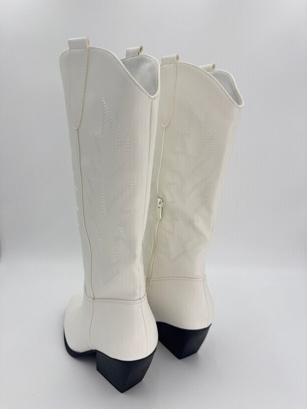 White Faux Leather Embroidered Cowboy Boots - H&L