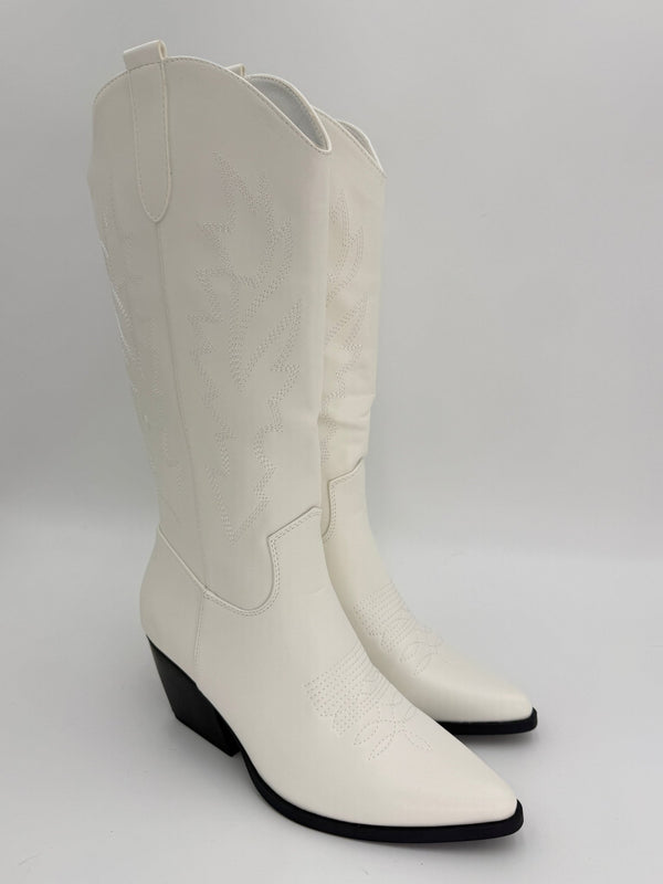 White Faux Leather Embroidered Cowboy Boots - H&L