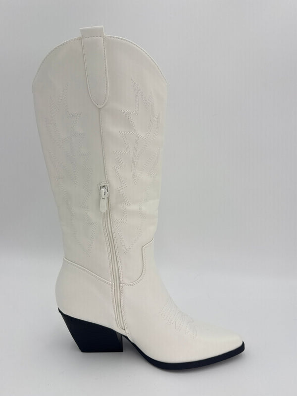 White Faux Leather Embroidered Cowboy Boots - H&L