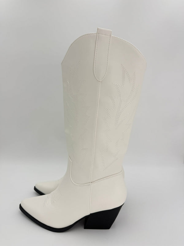 White Faux Leather Embroidered Cowboy Boots - H&L